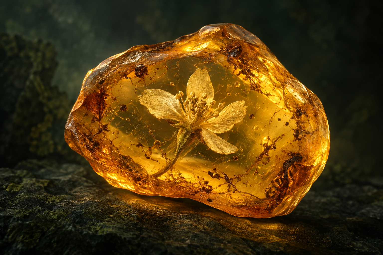 AI-generated illustration of a delicate flower enclosed in luminous golden amber against a dark background.